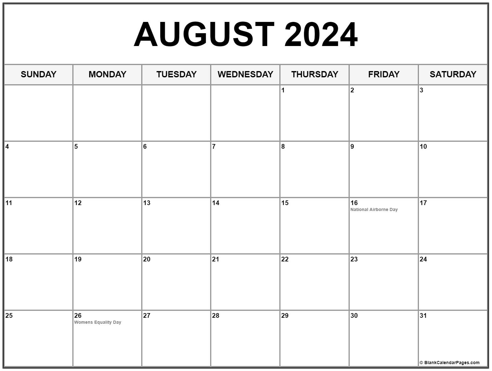 August 2024 With Holidays Calendar | August 2024 Calendar With Holidays Printable