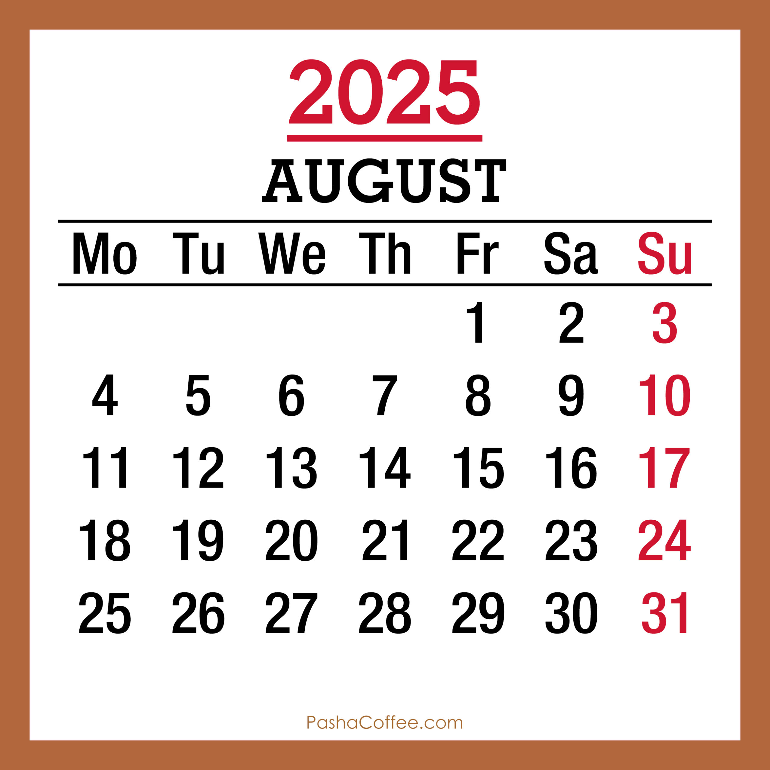 August 2025 Monthly Calendar, Printable Free, Beige, Monday Start | Calendar August 2025