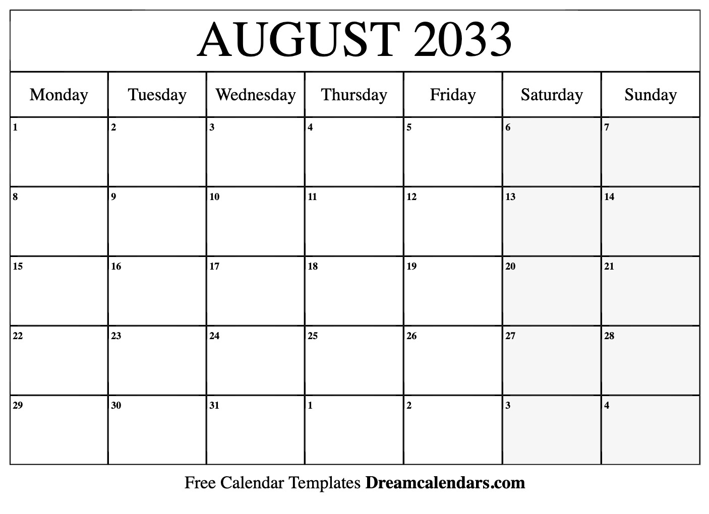 August 2033 Calendar - Free Printable With Holidays And Observances | August 2033 Calendar