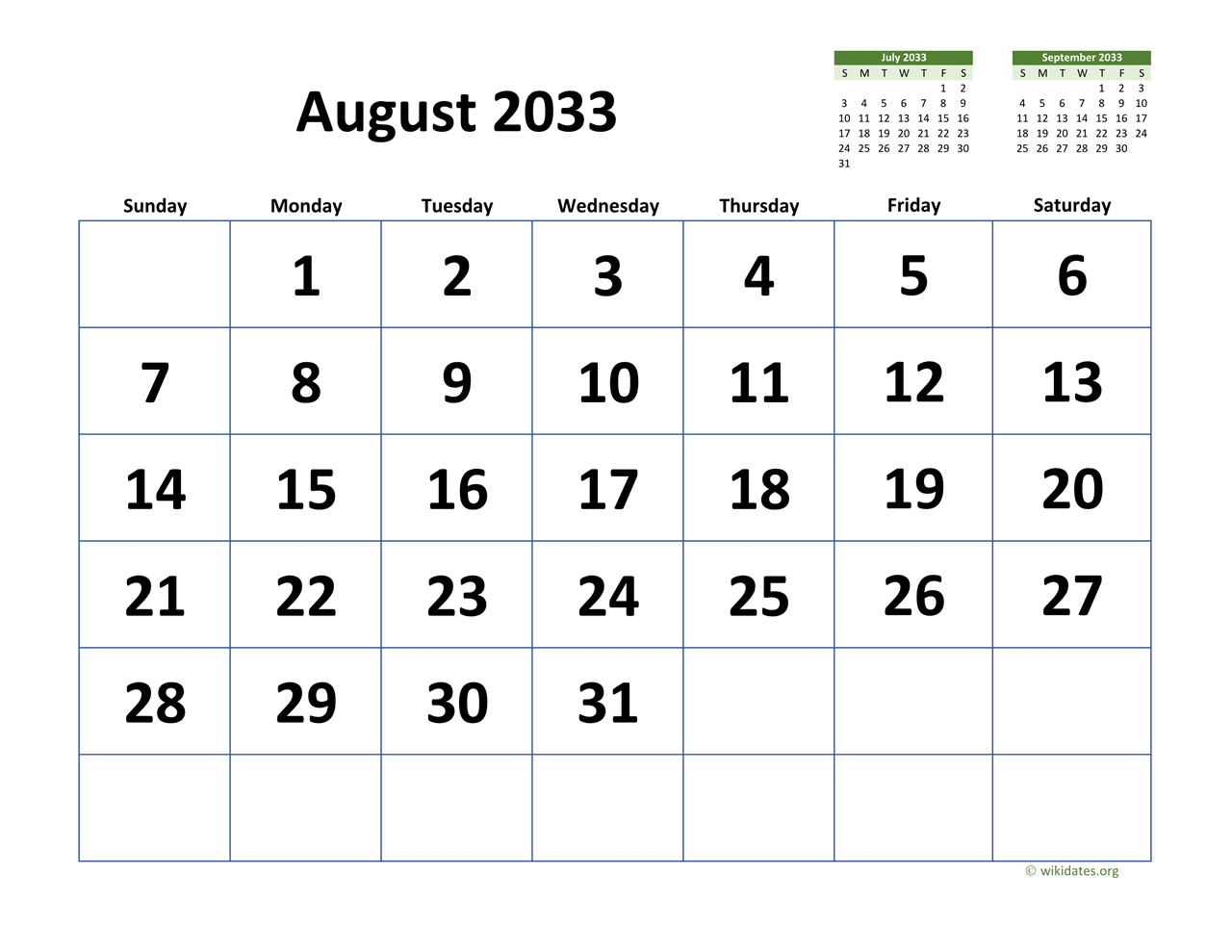 August 2033 Calendar With Extra-Large Dates | Wikidates | August 2033 Calendar