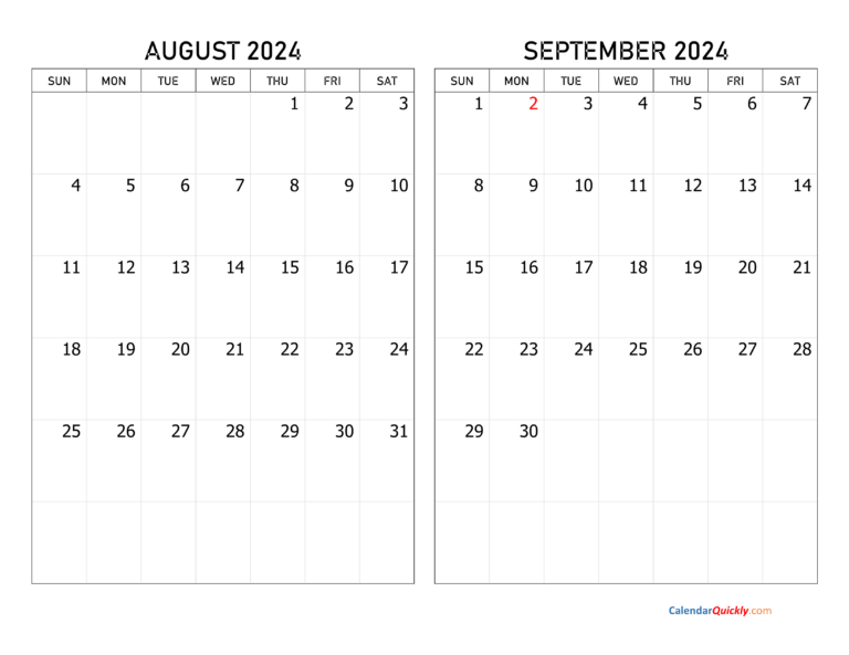 August And September 2024 Calendar | Calendar Quickly | August and September 2024 Calendar Printable