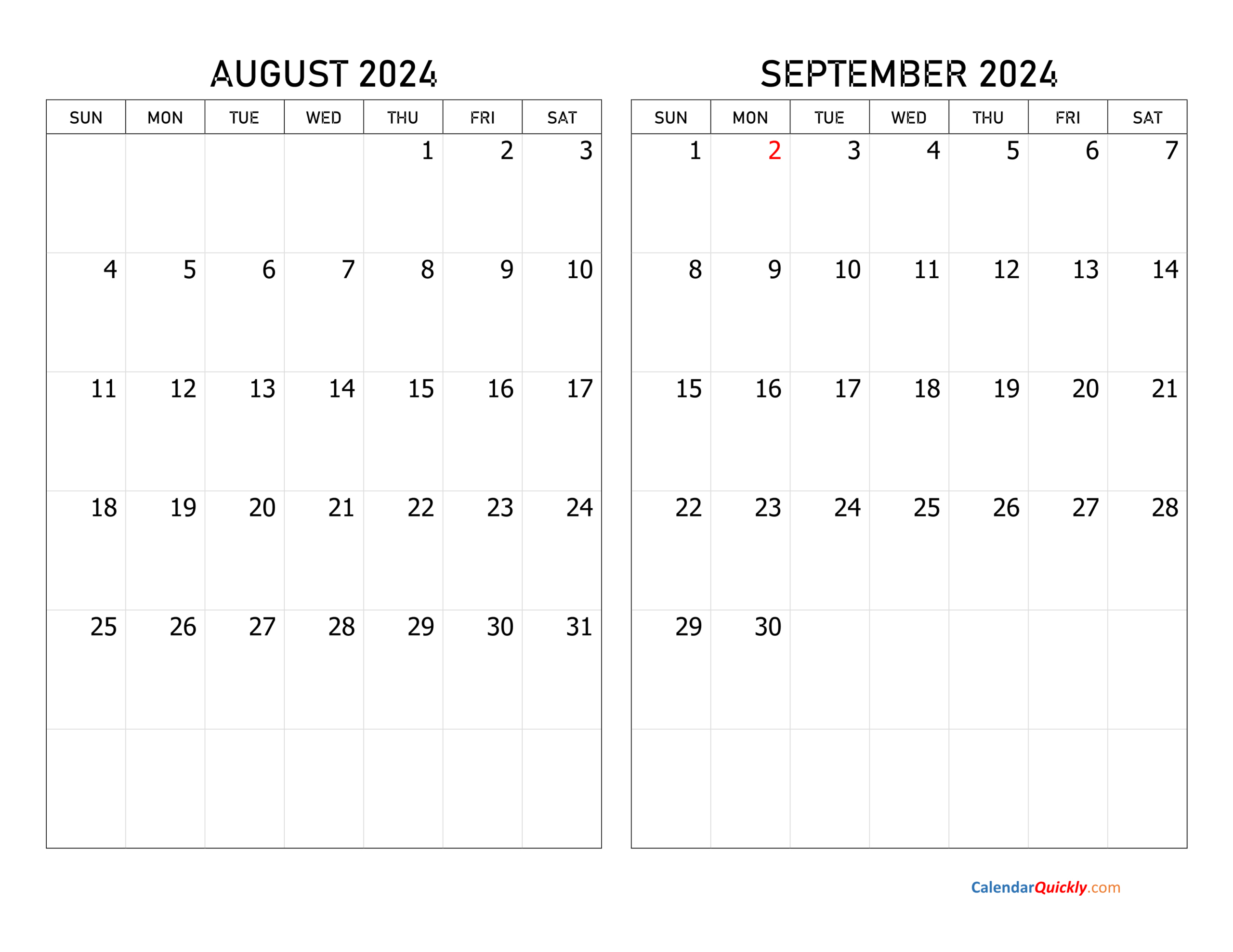 August And September 2024 Calendar | Calendar Quickly | August and September 2024 Printable Calendar