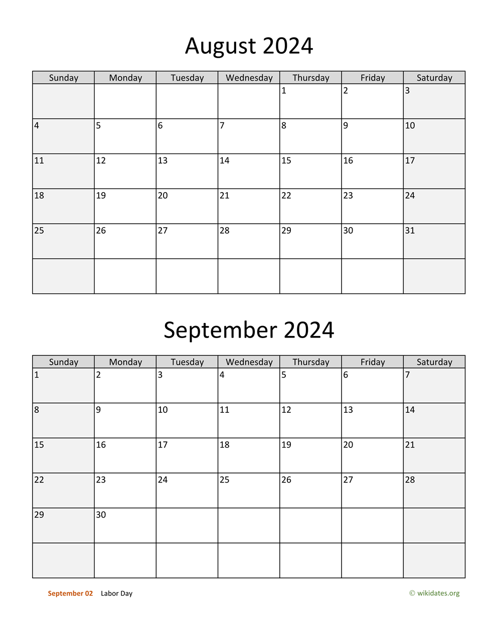 August And September 2024 Calendar | Wikidates | August September 2024 Calendar