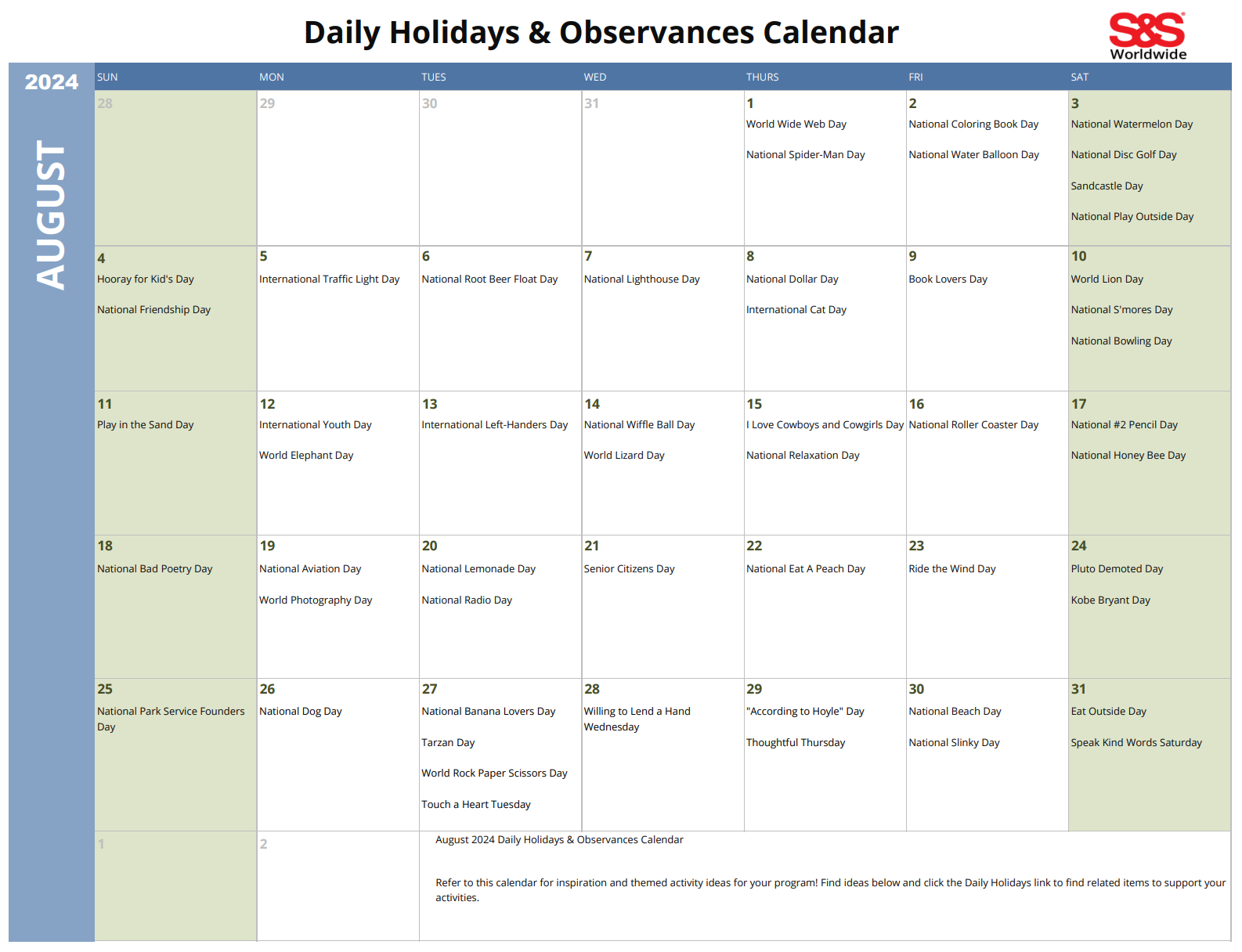 August Daily Holidays &amp;amp; Observances Printable Calendar - S&amp;amp;S Blog | National Day Calendar August 2024