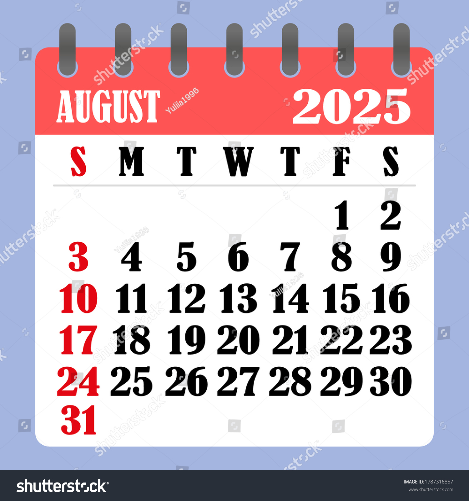 Briefkalender Für August 2025. Die Woche: Stock-Vektorgrafik | 2025 August Calendar