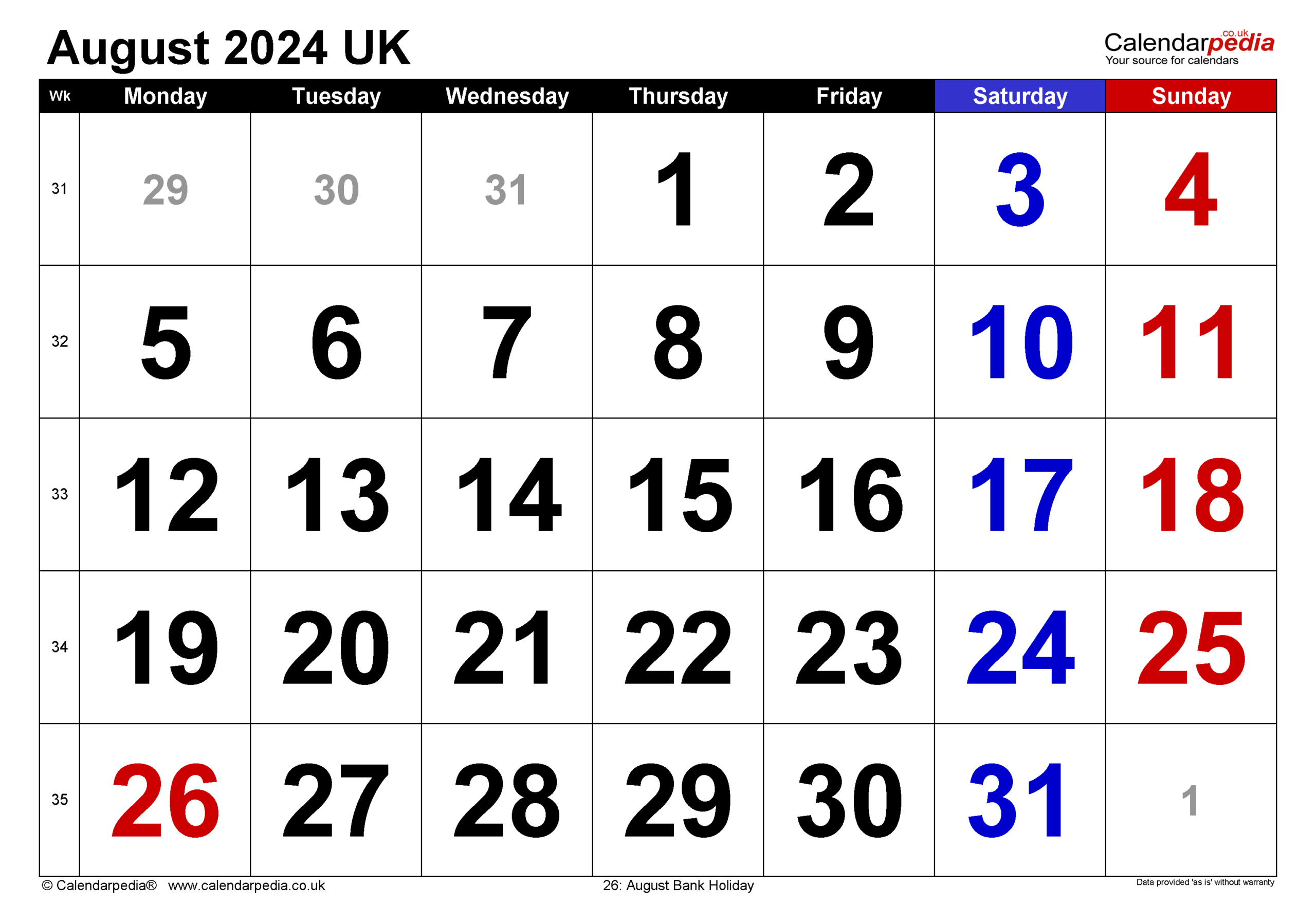 Calendar August 2024 Uk With Excel, Word And Pdf Templates | Printable August 2024 Calendar With Holidays