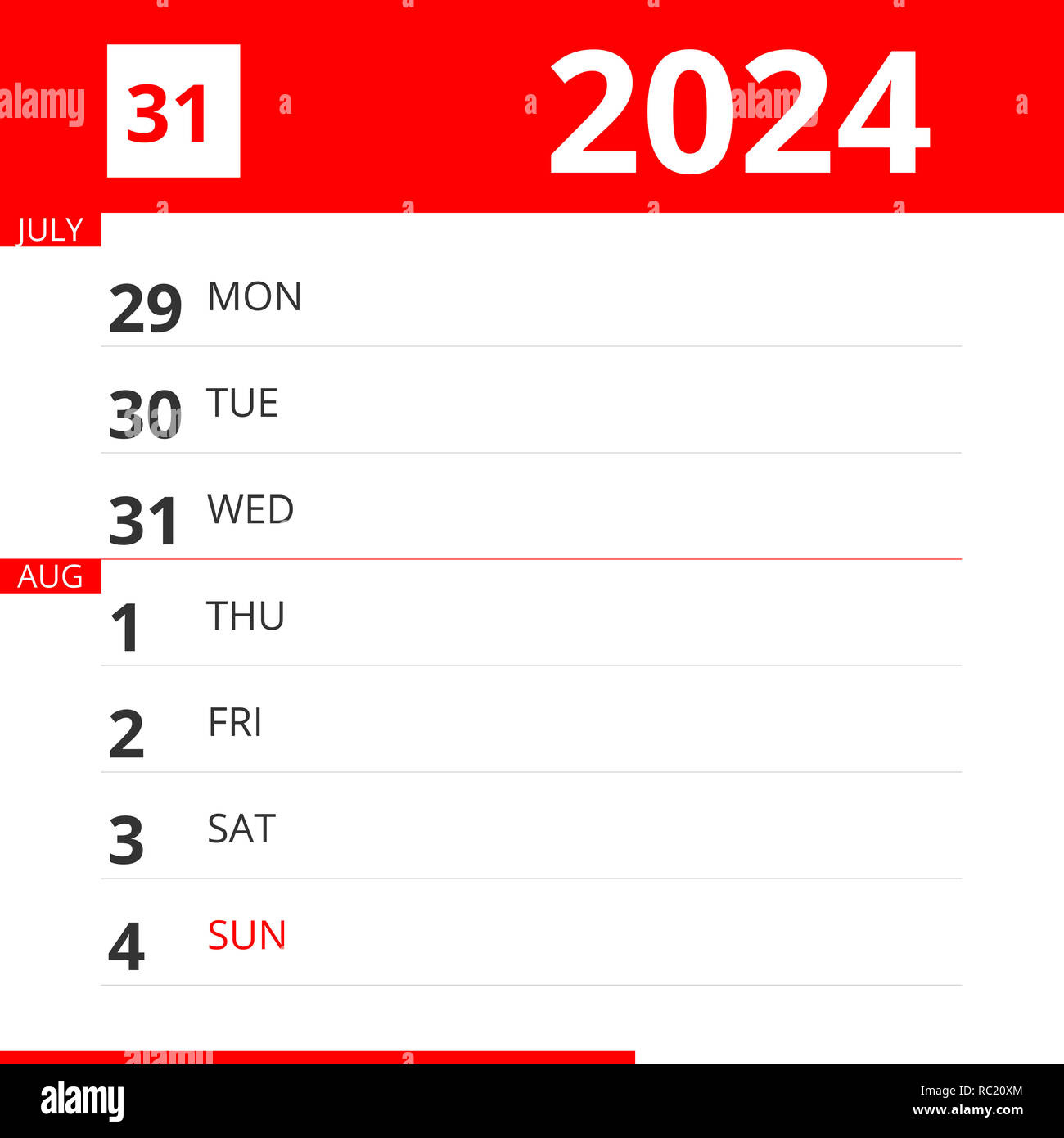 Calendar Planner For Week 31 In 2024, Ends August 4, 2024 Stock | August 4 2024 Calendar