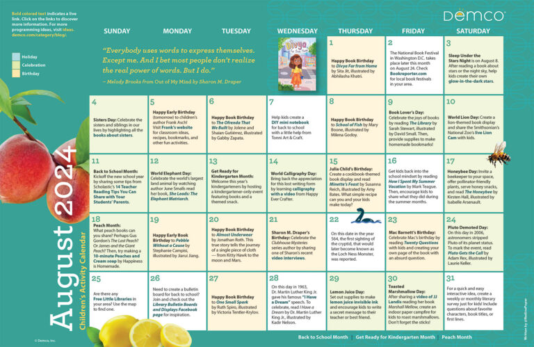 Children'S Activity Calendar: August 2024 | August Calendar Ideas 2024