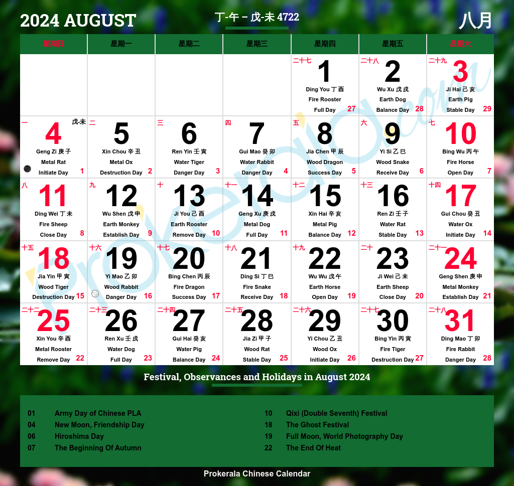 Chinese Calendar 2024 | Festivals | Holidays 2024 | Lunar Calendar August 2024