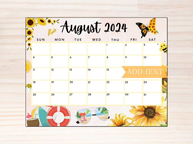 Editable August 2024 Calendar, Printable Calendar 2024, Beautiful | Cute August 2024 Calendar