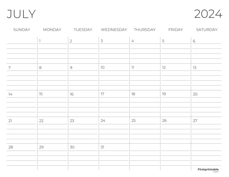 Free Printable &amp; Fillable July Calendar 2024 | July Calendar with Lines 2024