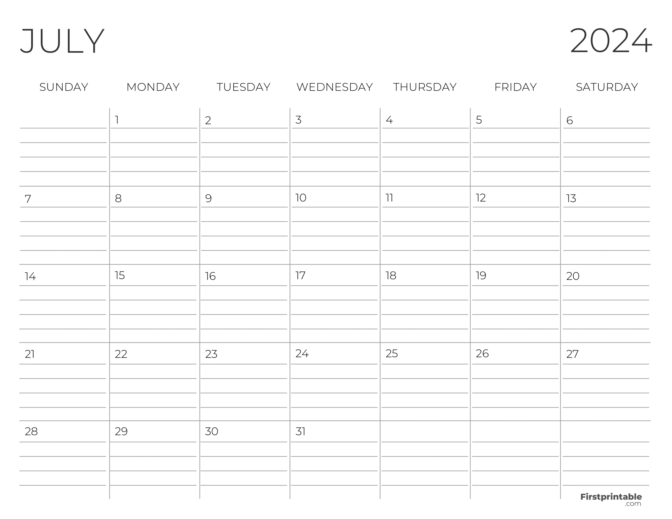 Free Printable &amp;amp; Fillable July Calendar 2024 | July Calendar with Lines 2024