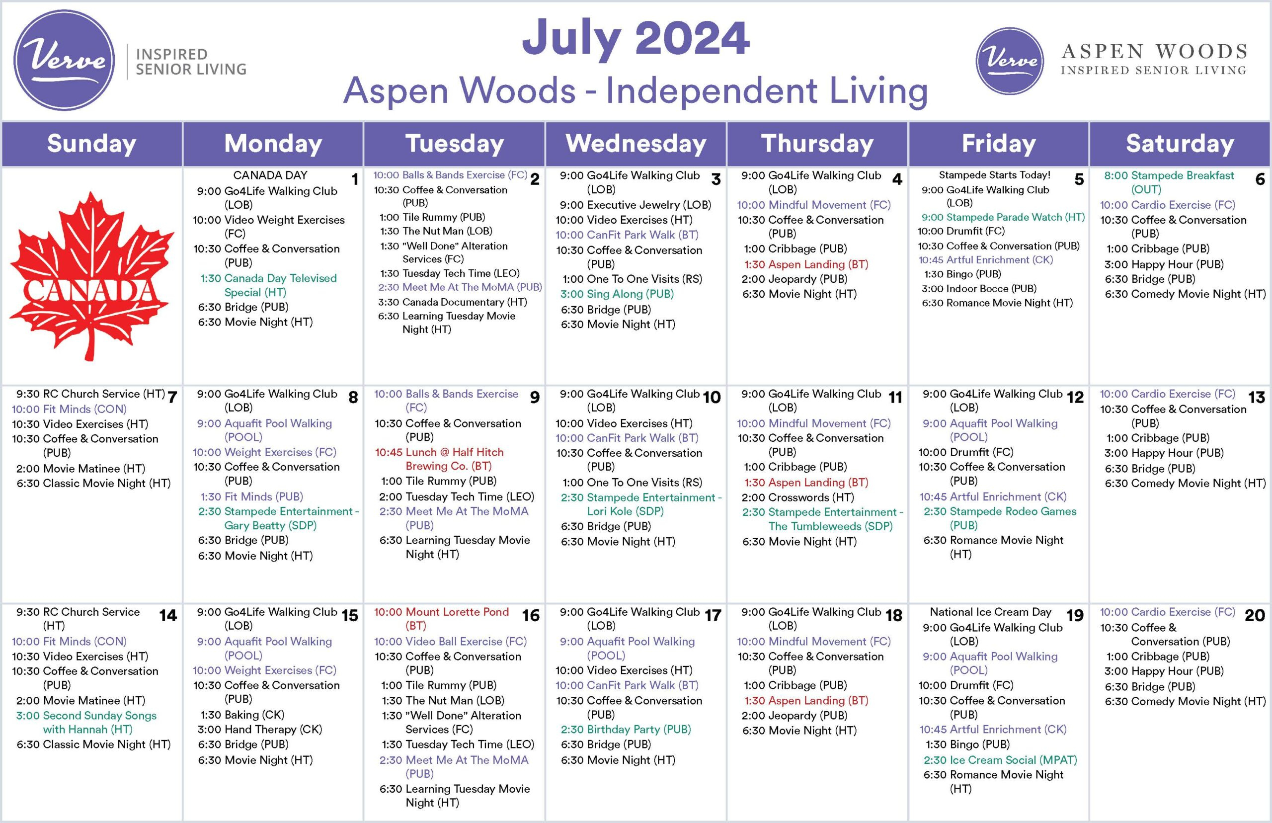 July 2024 - Monthly Activity Calendar! - Verve Aspen Woods | July Activity Calendar Seniors 2024