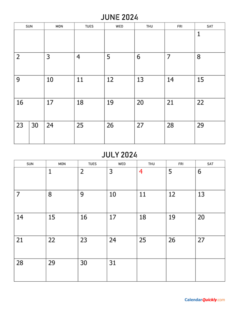 June And July 2024 Calendar | Calendar Quickly | June And July Printable Calendar 2024