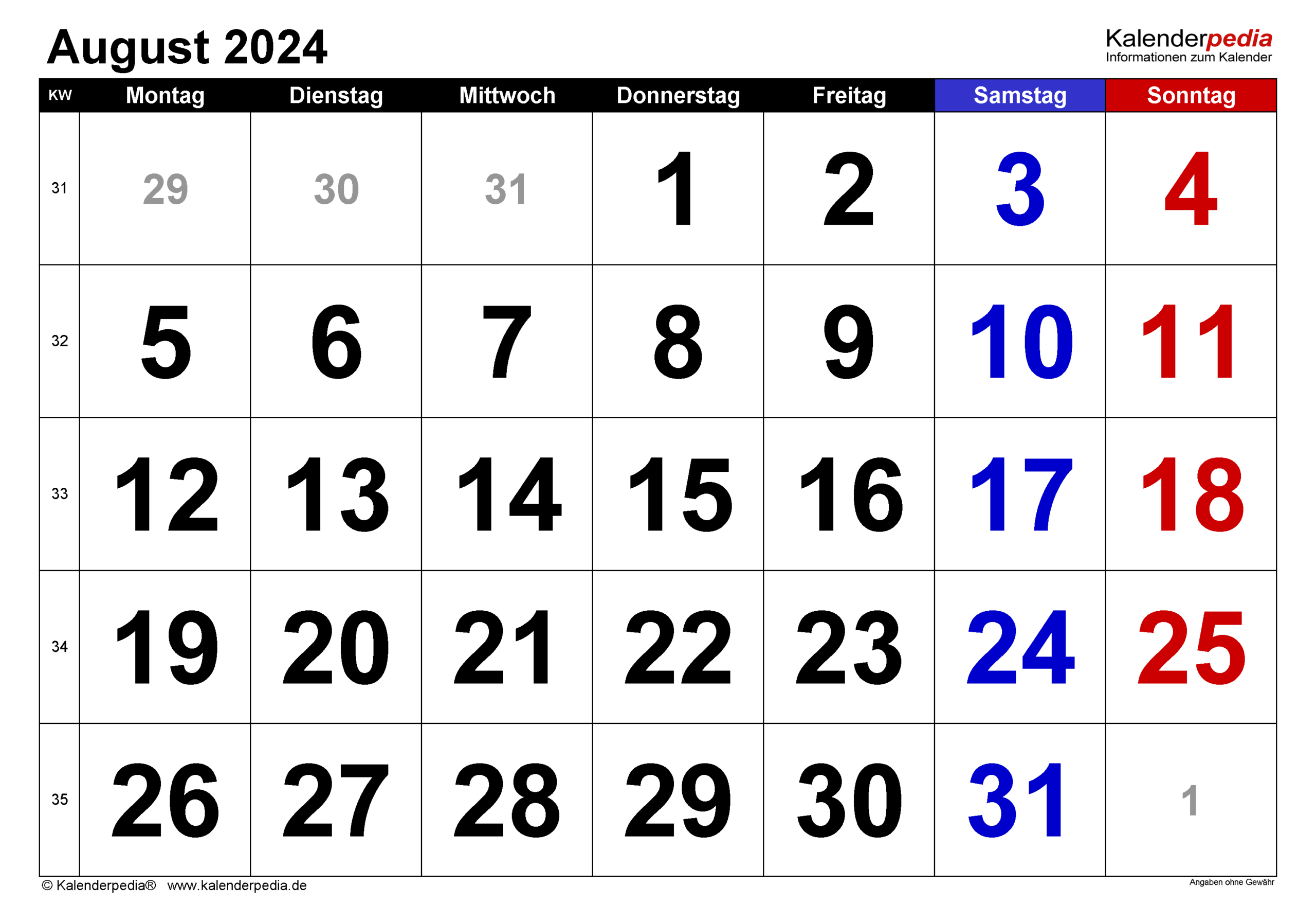 Kalender August 2024 Als Pdf-Vorlagen | August September Calender 2024