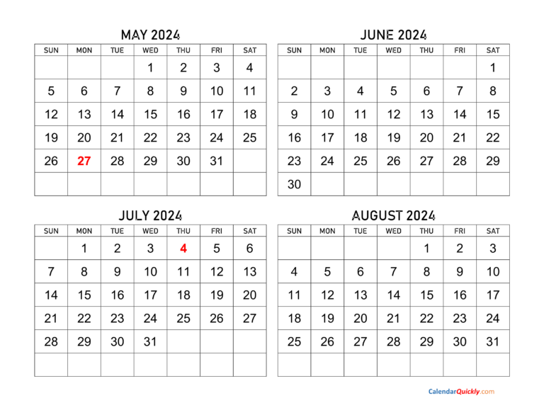 May To August 2024 Calendar | Calendar Quickly | May June July August 2024 Calendar