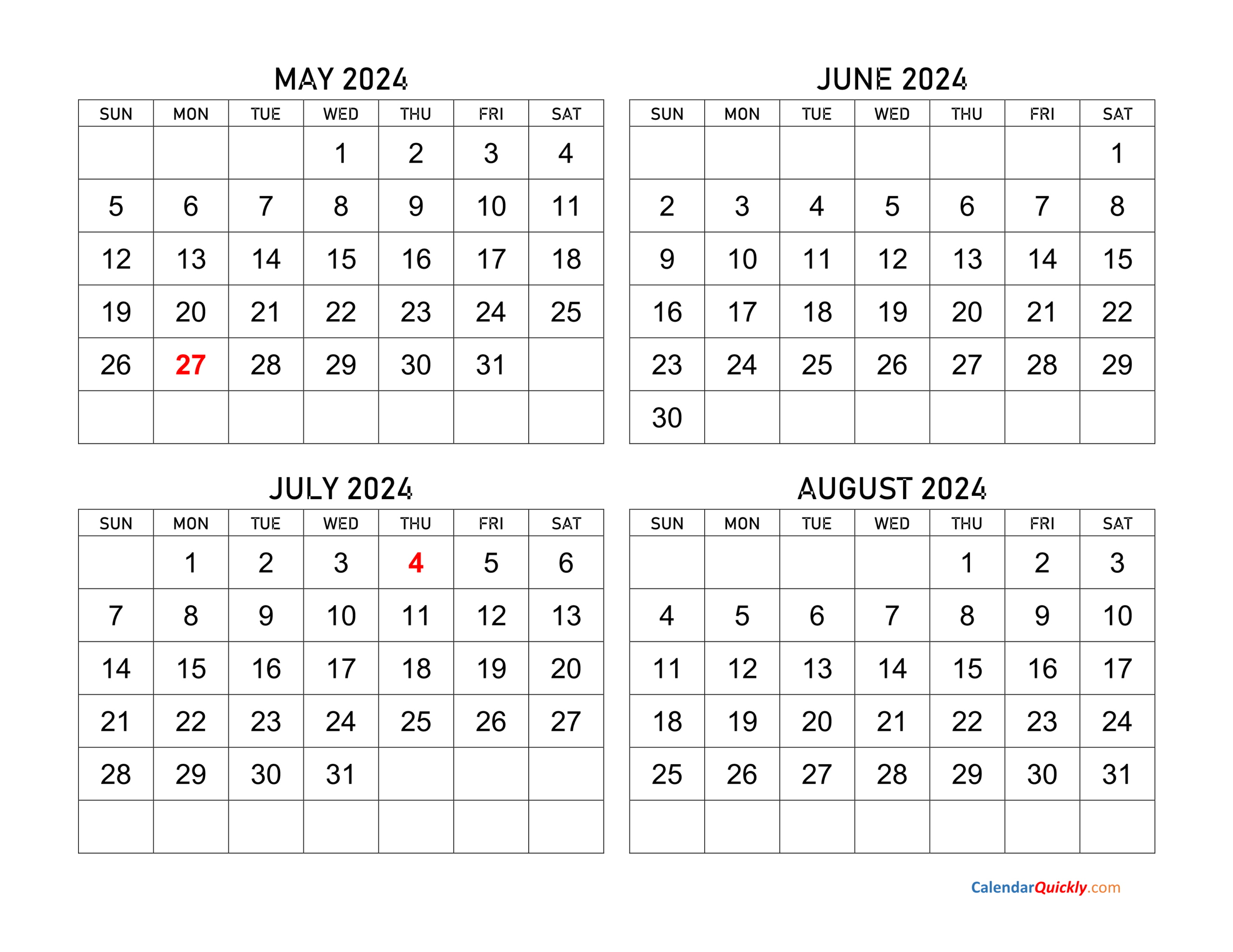 May To August 2024 Calendar | Calendar Quickly | May June July August 2024 Calendar