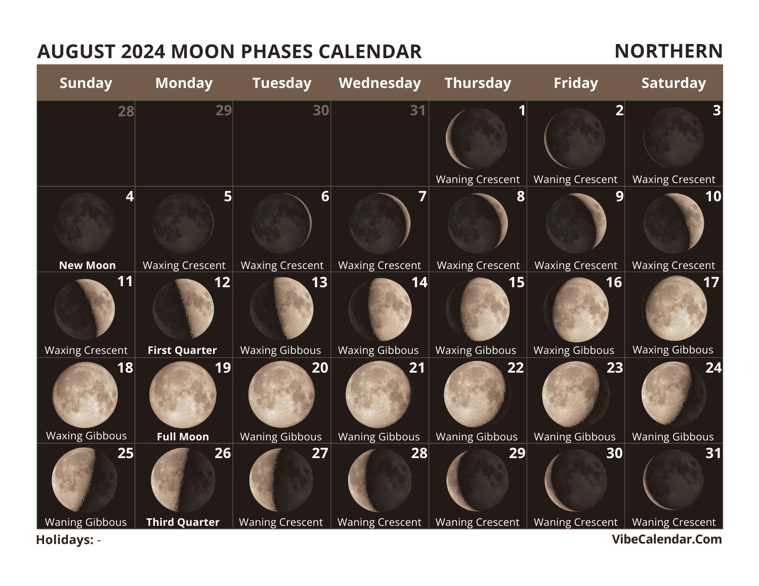 Moon Phases Calendar 2024: Printable Monthly Templates | August 2024 Moon Calendar