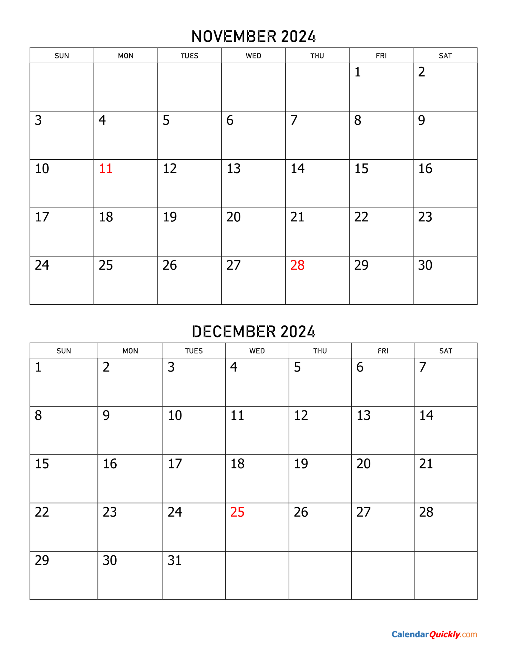 November And December 2024 Calendar | Calendar Quickly | Printable August September October 2024 Calendar