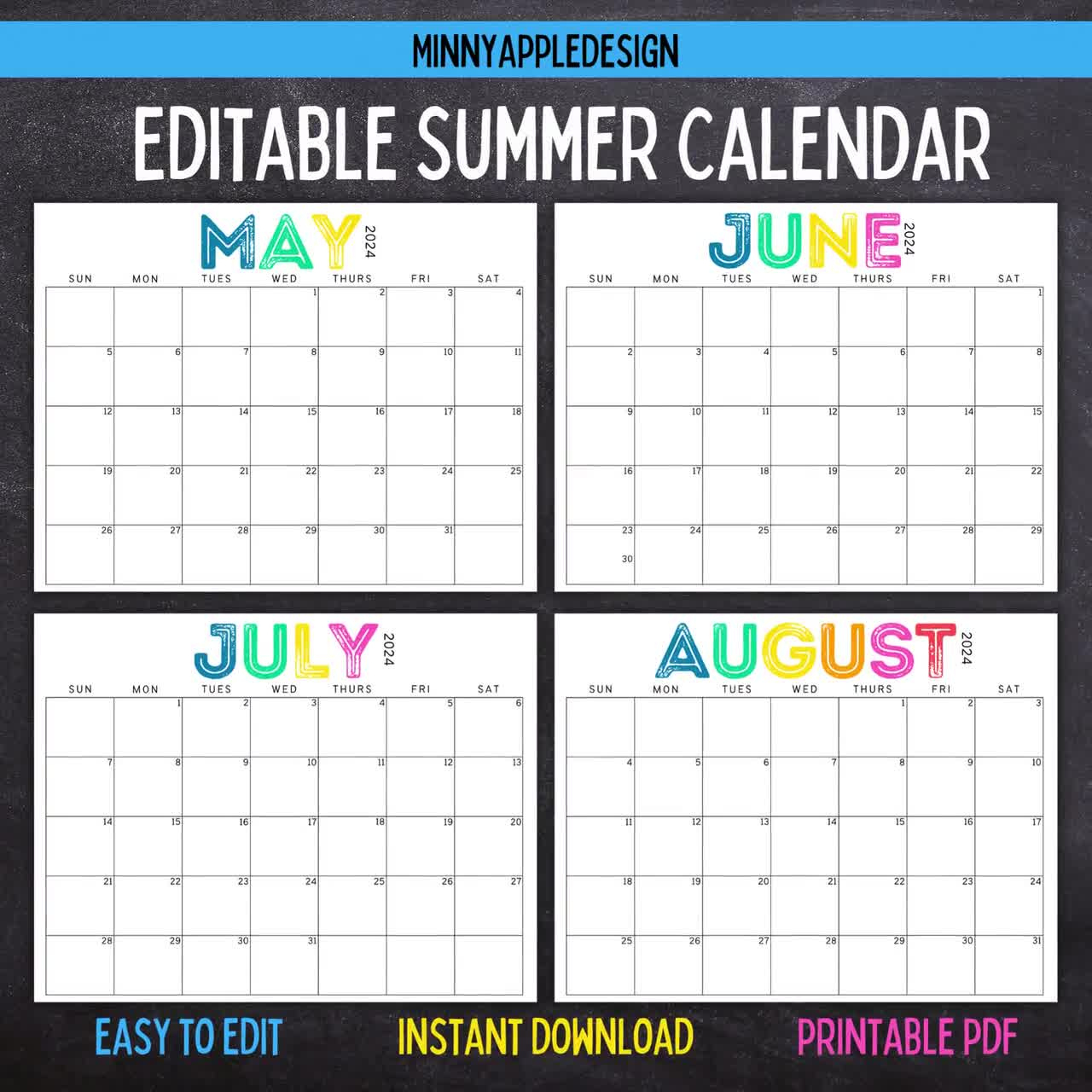 Printable Editable Summer Calendar June, July, August Calendar | June 2024 | July 2024 | August 2024 | Summer Planner | June July August 2024 Calendar Editable