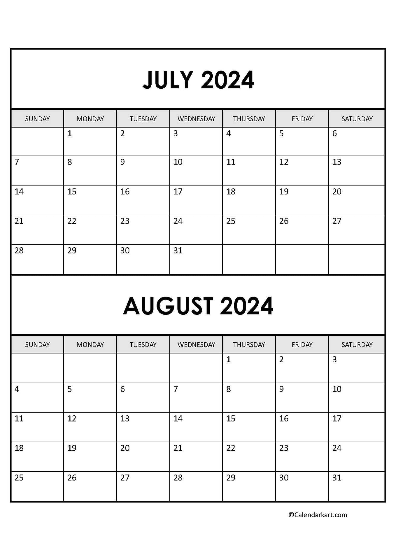 Printable July August 2024 Calendar | Calendarkart | July and August 2024 Printable Calendar