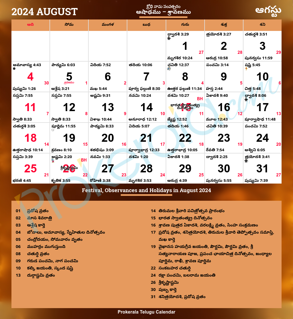 Telugu Calendar 2024, August | August Telugu Calendar 2024