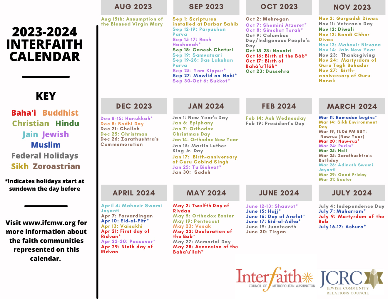 2023-2024 Interfaith Calendar - Interfaith Council Of Metropolitan | Catholic Calendar September 2024