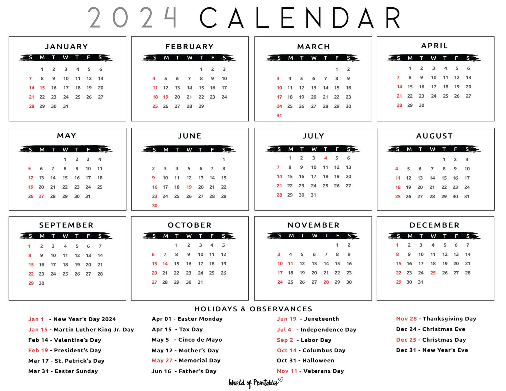 2024 Calendar With Holidays - World Of Printables | September Free Printable Calendar 2024 Mlk Day