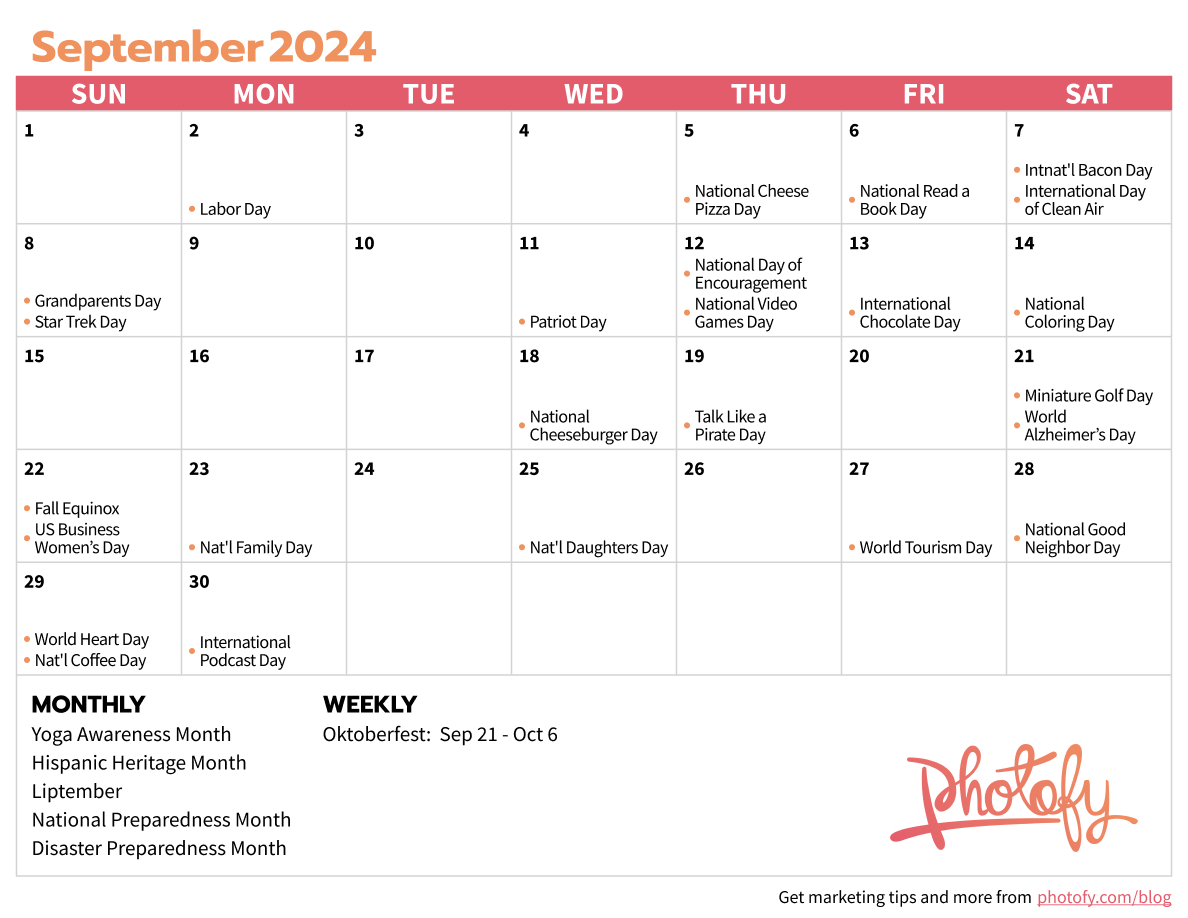 2024 Direct Sales Social Media Calendar - Photofy | September Social Media Calendar 2024