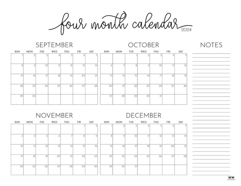 2024 Four Month Calendars - 18 Free Printables | Printabulls | Calendar June July August September October 2024