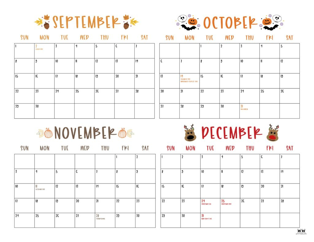 2024 Four Month Calendars - 18 Free Printables | Printabulls | Calendar September to December 2024