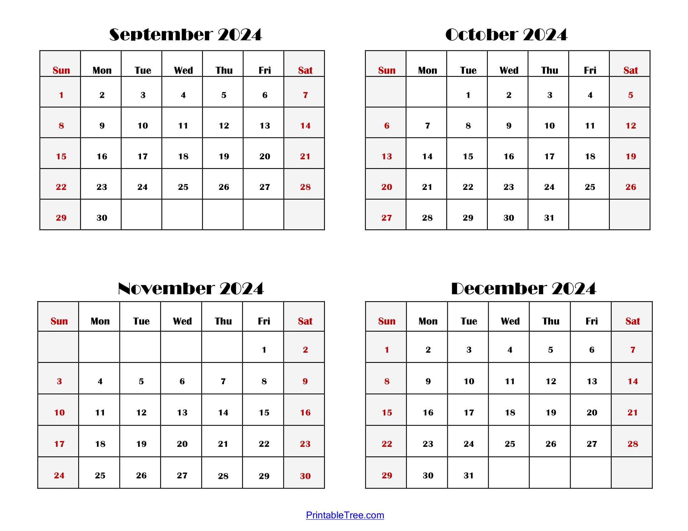 2024 Four Month Calendars Printable Pdf- 4 Months Calendar One Page | Calendar September To December 2024