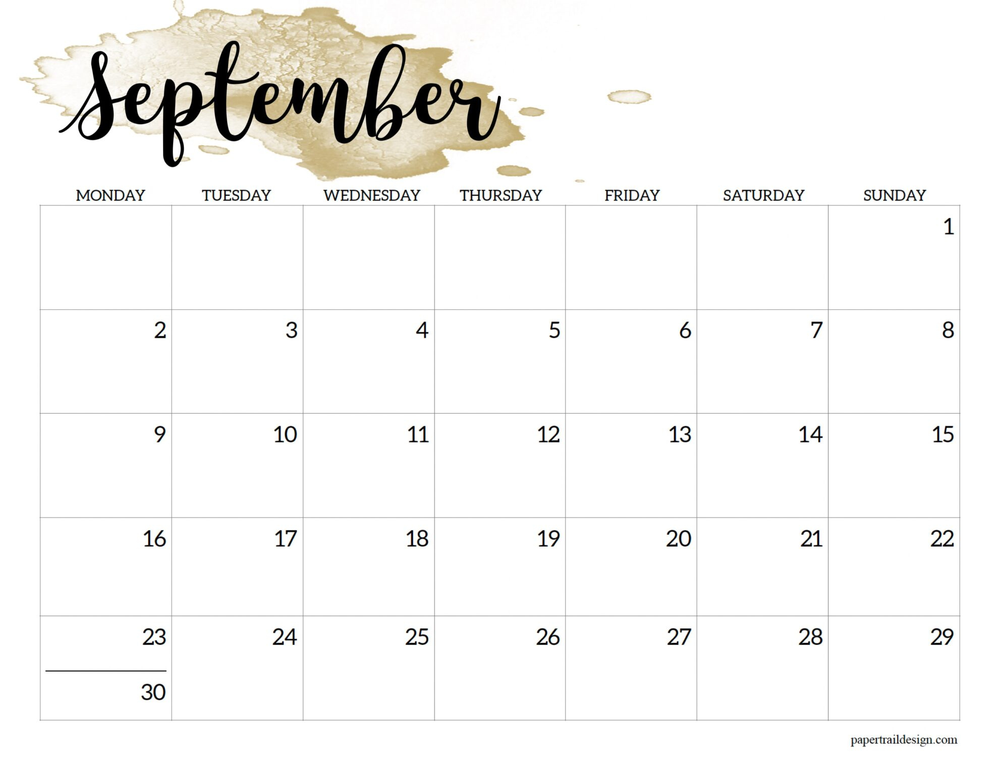 2024 Monday Start Calendar Printable - Watercolor - Paper Trail Design | September 2024 Calendar Monday Start