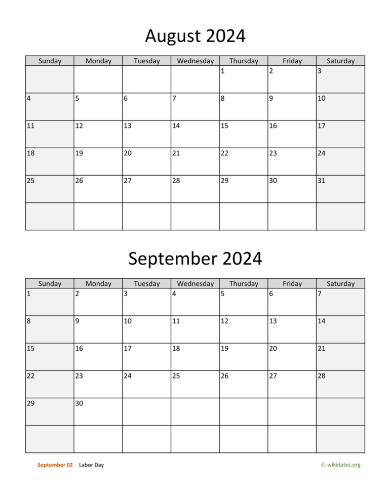 August And September 2024 Calendar | Wikidates | August September 2024 Calendar With Holidays