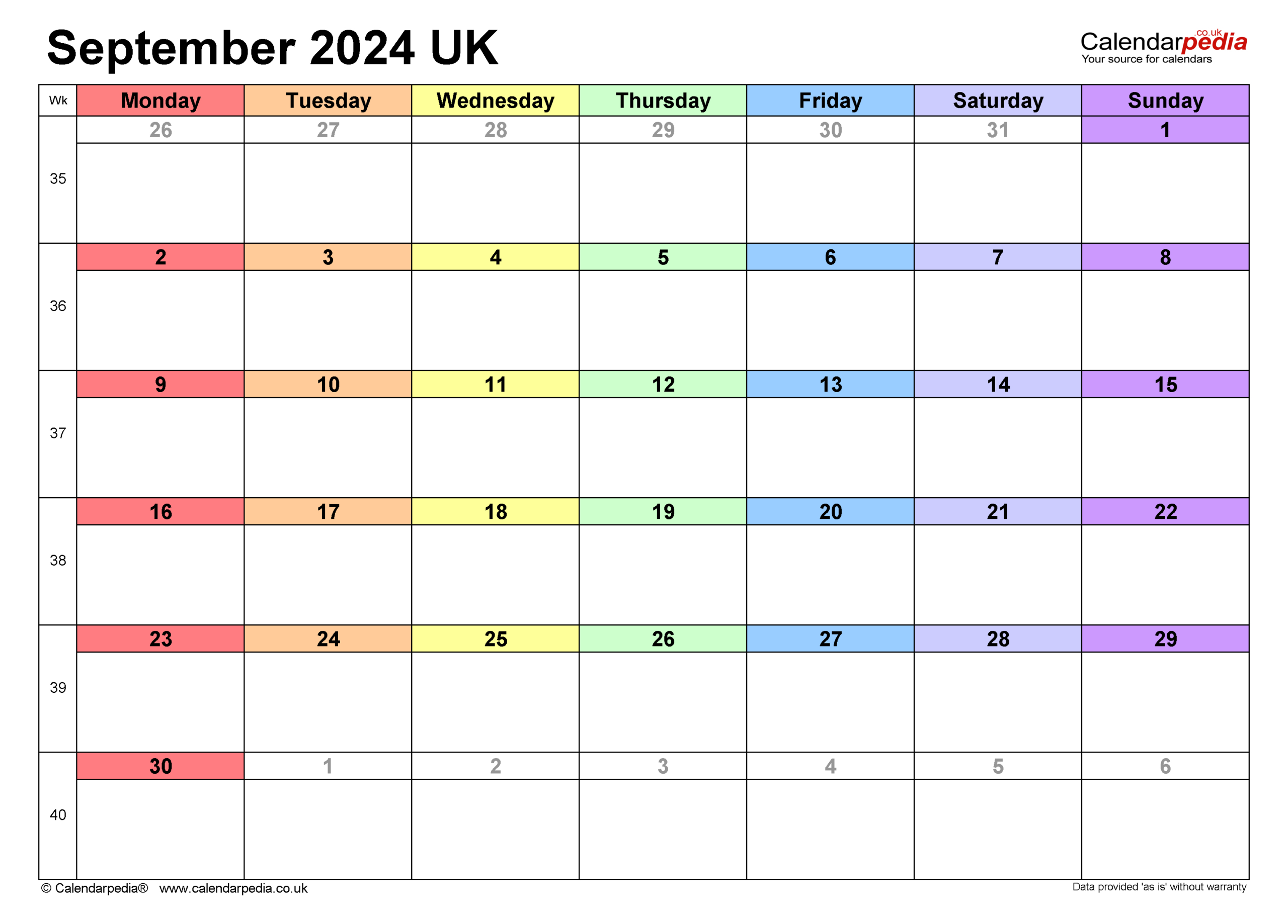 Calendar September 2024 Uk With Excel, Word And Pdf Templates | Printable Calendar September 2024 Uk