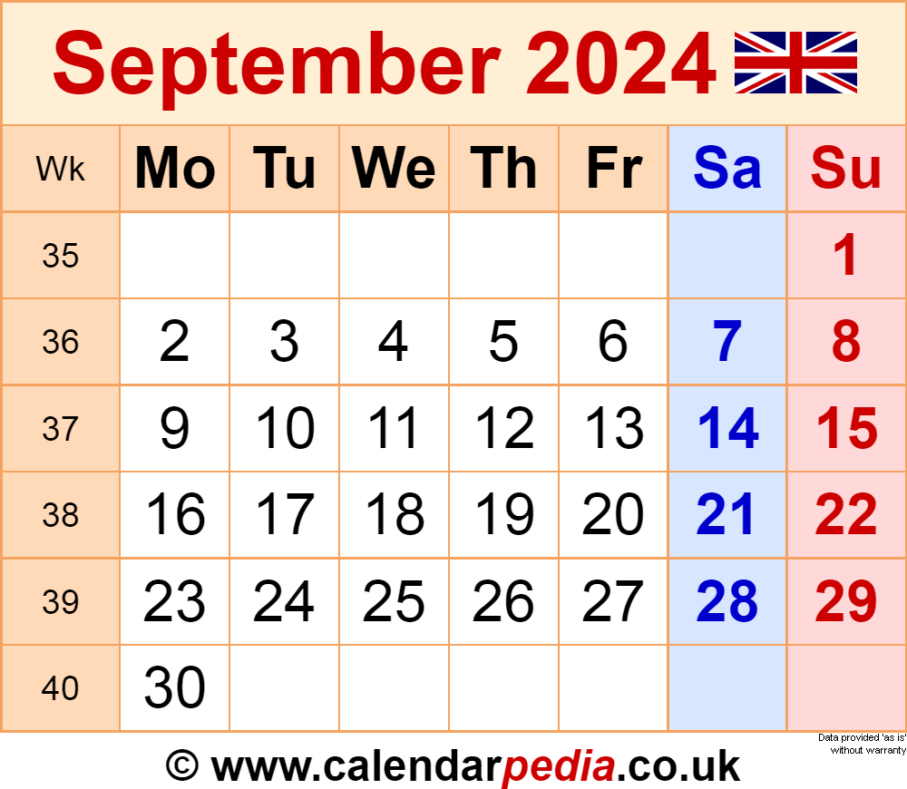 Calendar September 2024 Uk With Excel, Word And Pdf Templates | Printable Calendar September 2024 Uk