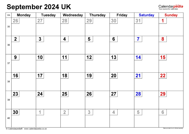 Calendar September 2024 Uk With Excel, Word And Pdf Templates | Printable Calendar September 2024 Uk