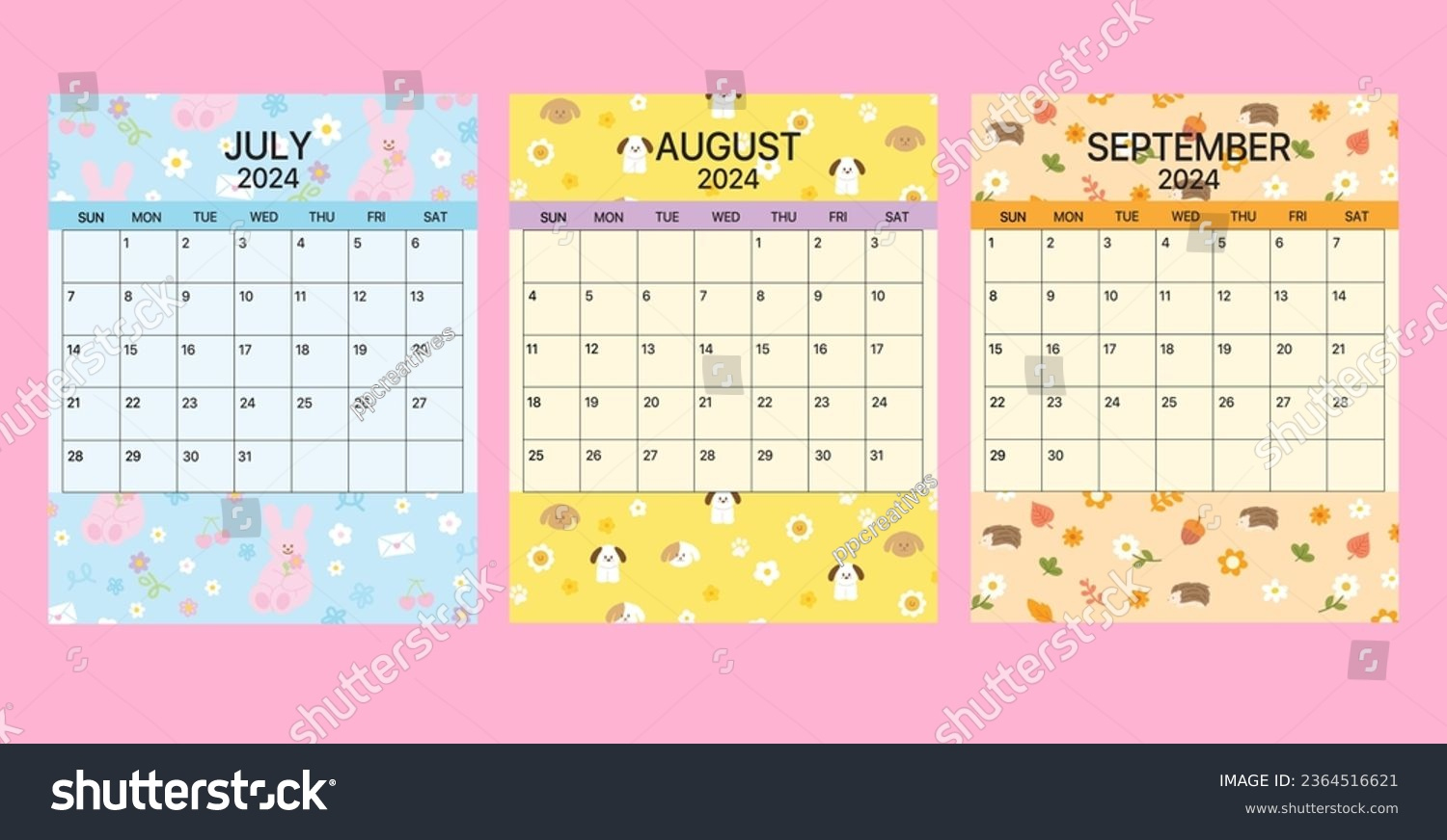 Cute 2024 Juli, August Und September: Stock-Vektorgrafik | July August And September 2024 Calendar