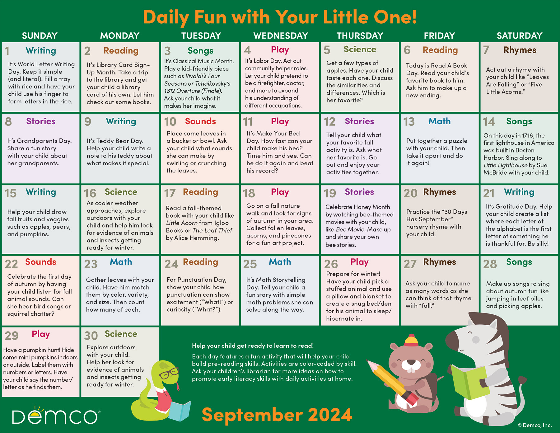 Early Literacy Activities — September 2024: Activities, Books, And | Activity Calendar For September 2024