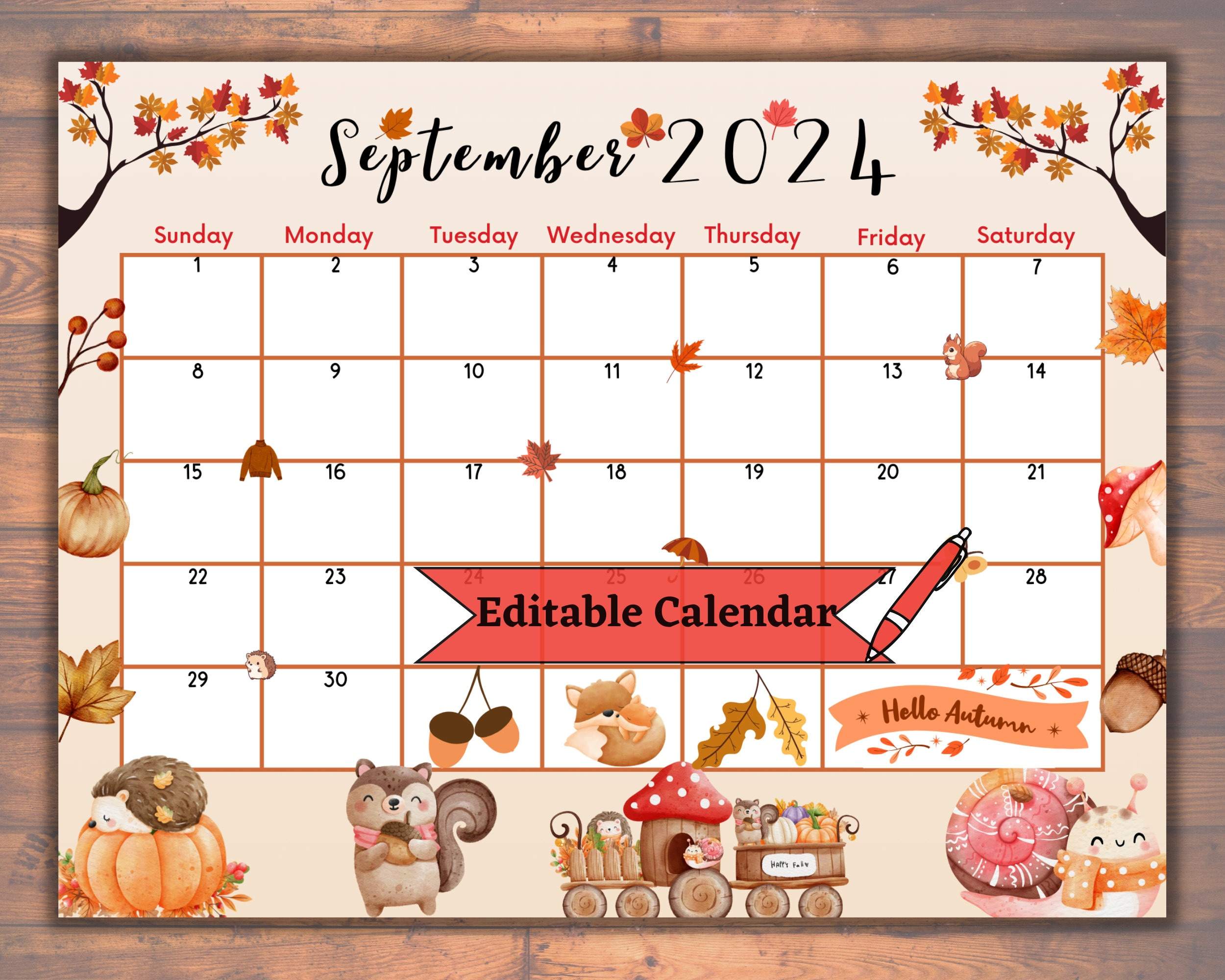 Editable Fillable September 2024 Calendar For Autumn, Fall, Back | September Fall 2024 Calendar