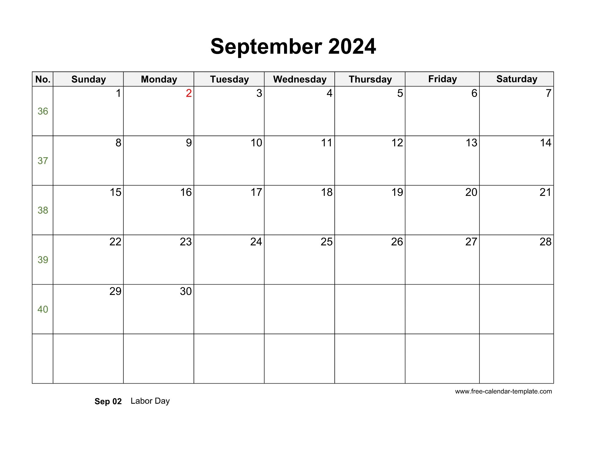 Free 2024 Calendar Blank September Template (Horizontal) | Free | September 2024 Calendar With Lines