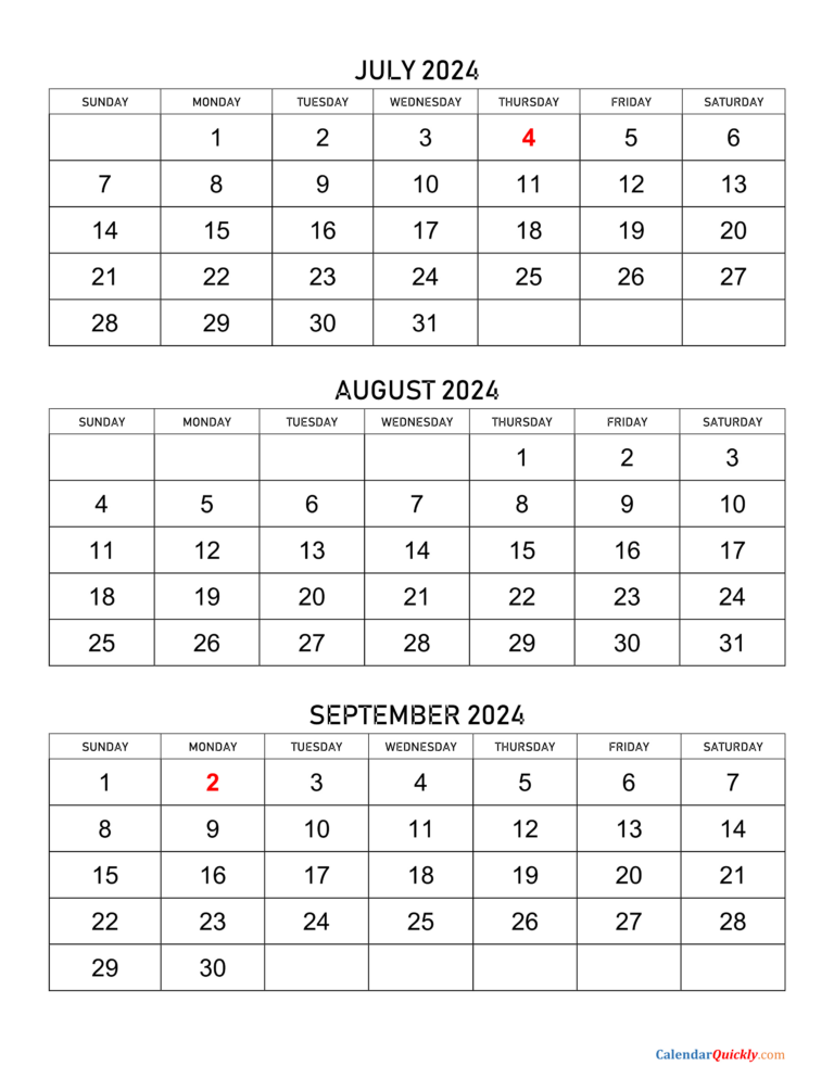 July To September 2024 Calendar | Calendar Quickly | 3 Month Vertical Calendar July-September 2024