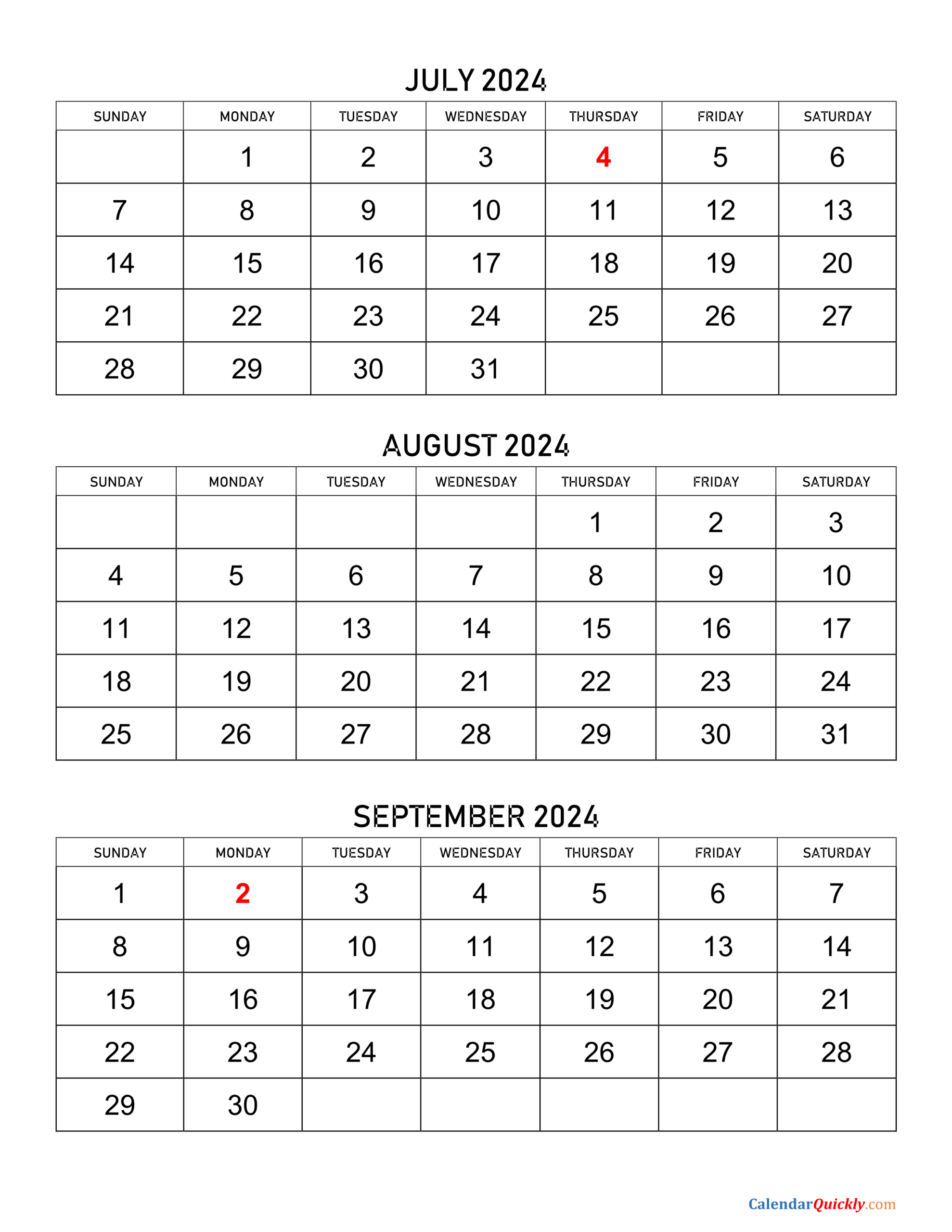 July To September 2024 Calendar | Calendar Quickly | 3 Month Vertical Calendar July-September 2024