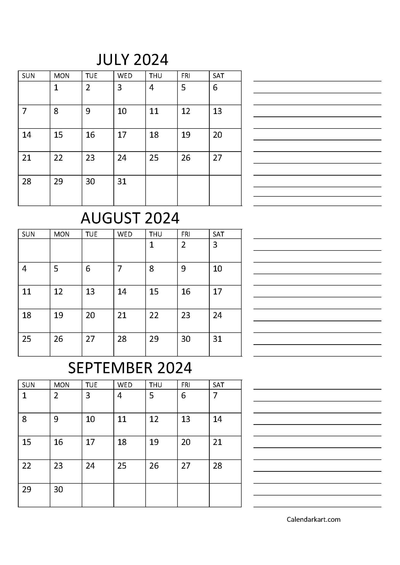 July To September 2024 Calendar (Q3) - Calendarkart | July August and September 2024 Calendar