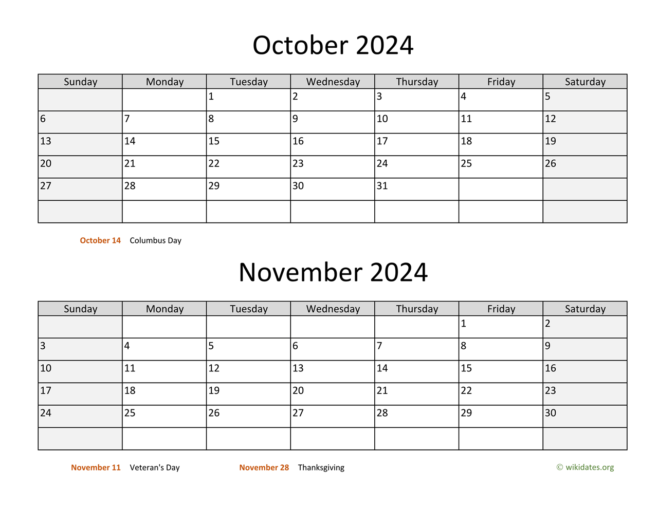 October And November 2024 Calendar | Wikidates | September October November 2024 Calendar