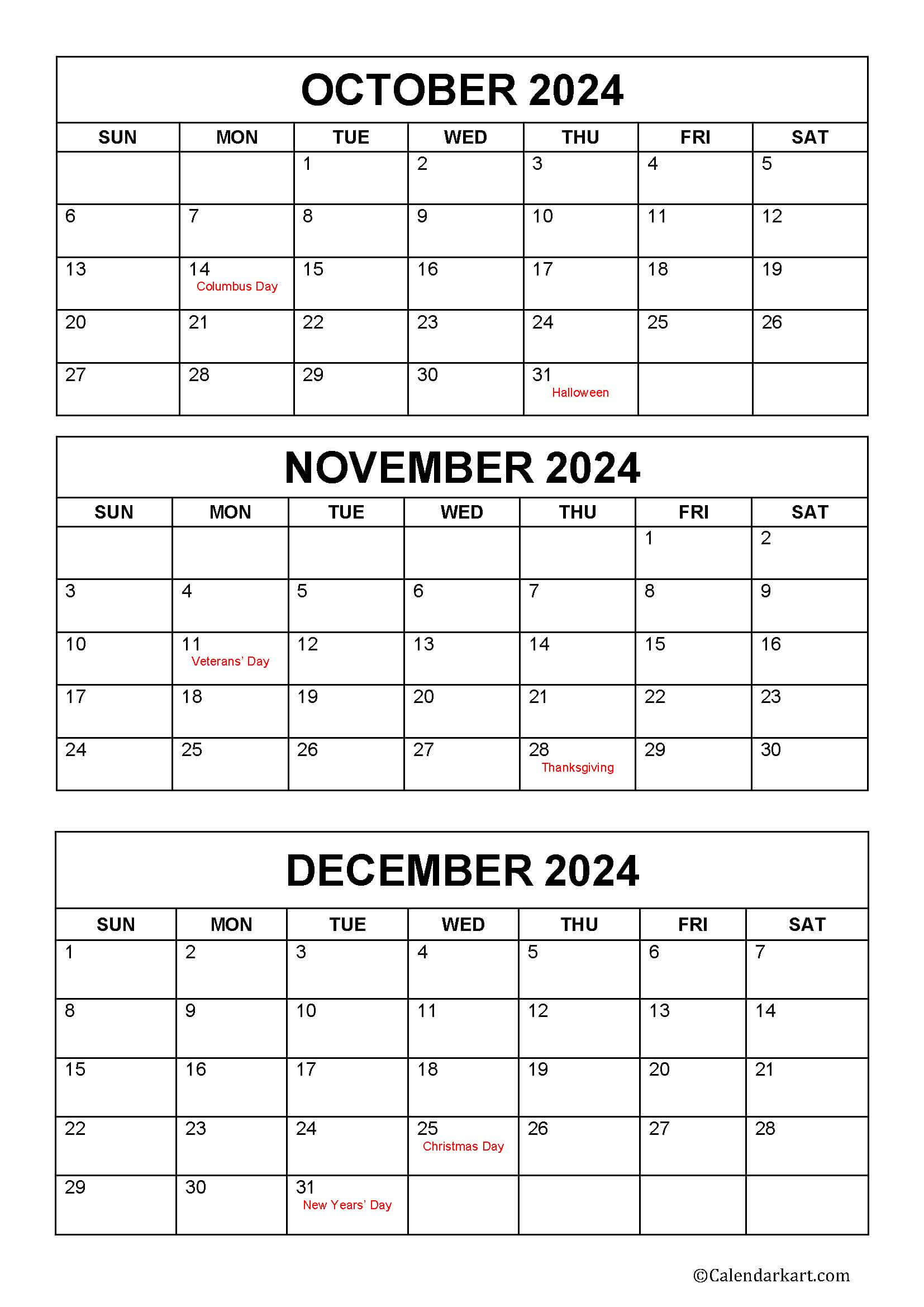 October To December 2024 Calendar (Q4) - Calendarkart | 2024 Calendar September October November December