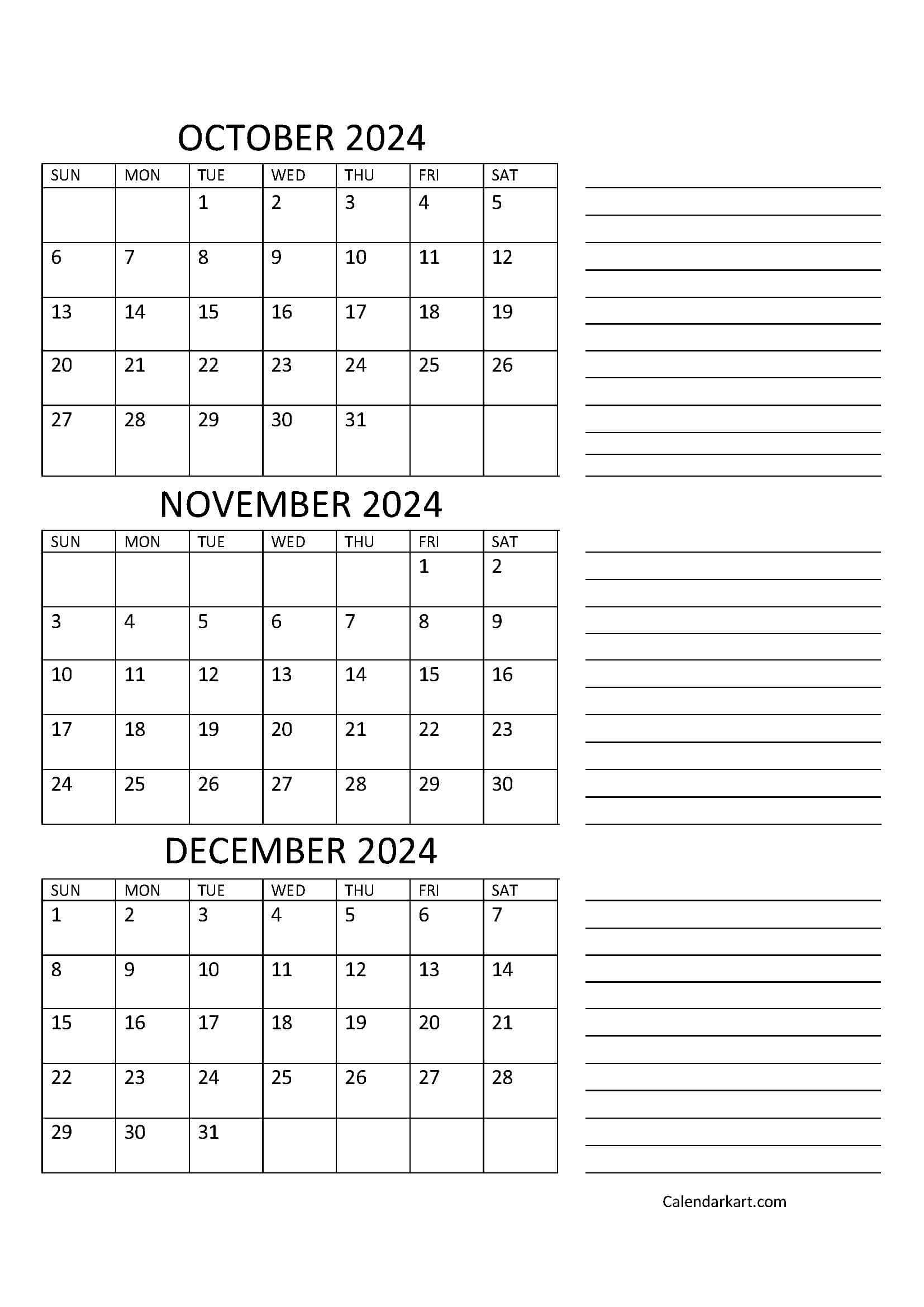 October To December 2024 Calendar (Q4) - Calendarkart | September October And November 2024 Calendar