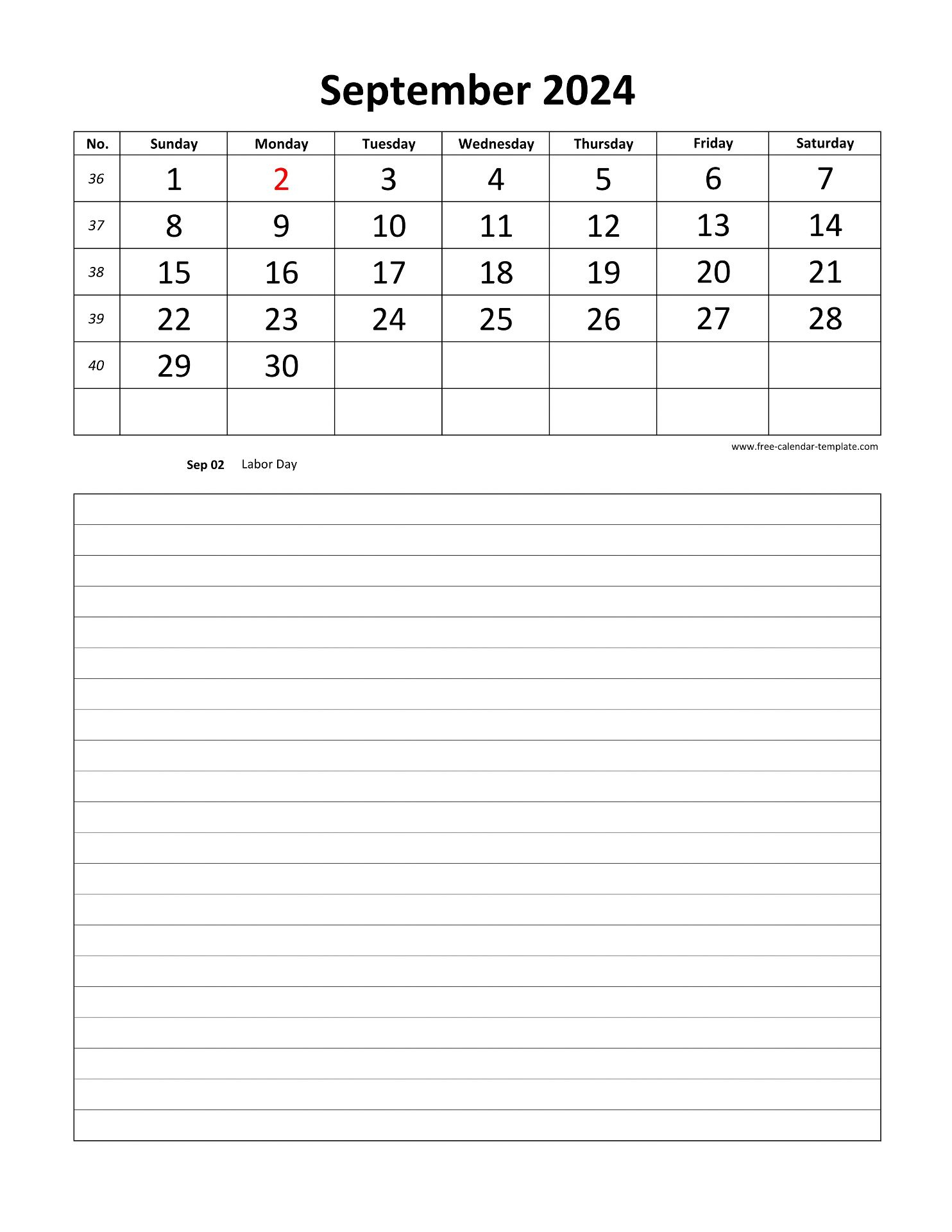 Printable 2024 September Calendar Grid Lines For Daily Notes | September 2024 Calendar With Notes