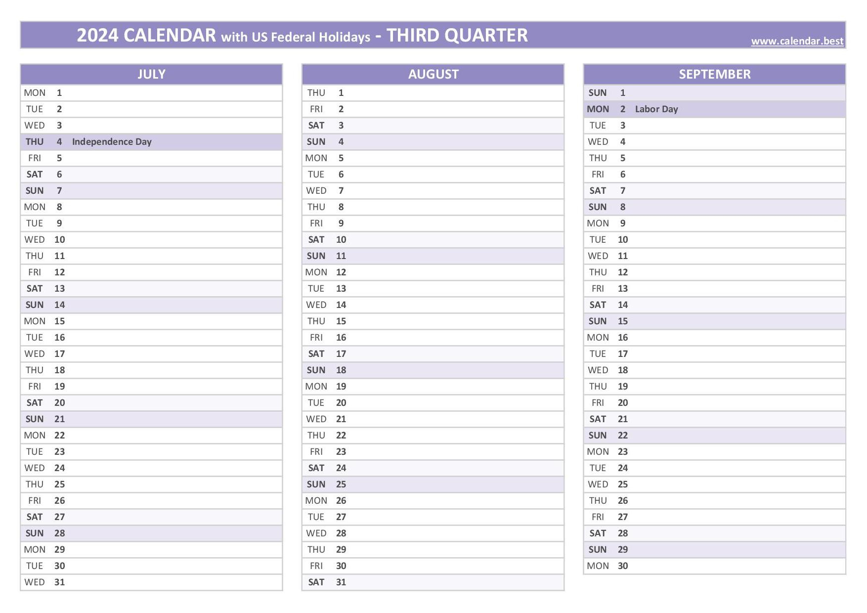 Printable 3Rd Quarter 2024 Calendar | 3 Month Vertical Calendar July-September 2024