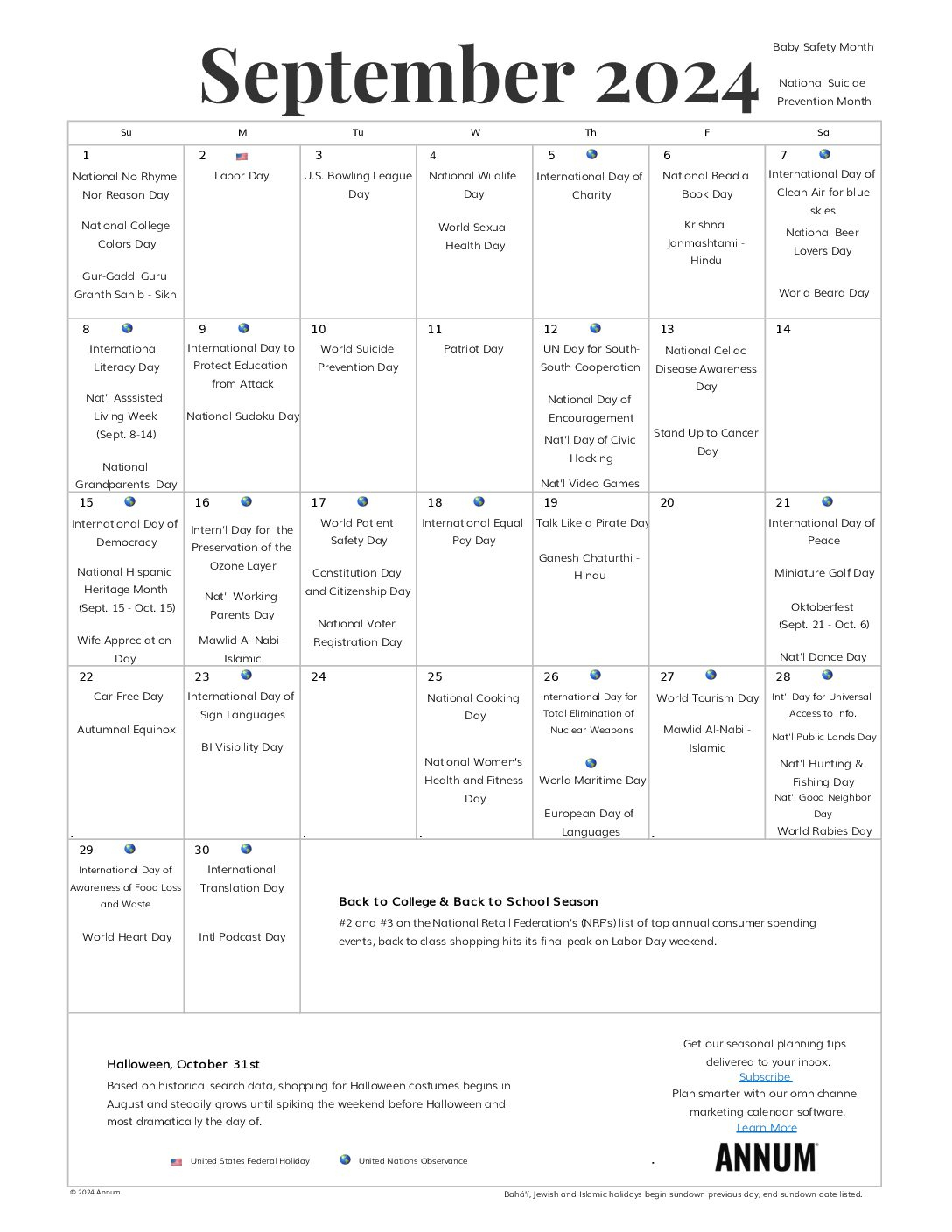 Printable September 2024 Calendar | September Holidays | Annum | National Calendar Day September 2024